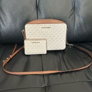 Michael Kors Brown and Cream Crossbody Bag with Monogram Print w/matching wallet